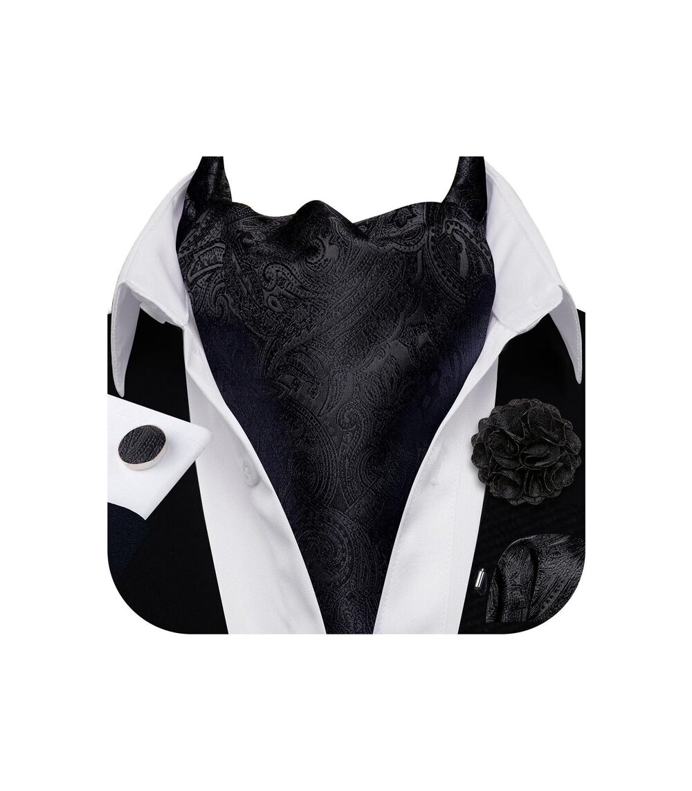 5961 Ascot Tie Cravat Floral Black Scarf Self Ties Pocket Square Cufflinks
